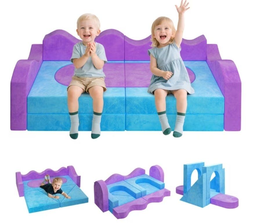 12-Piece Kids Modular Foam Play Sofa Couch Set - Purple & Blue Convertible Fort