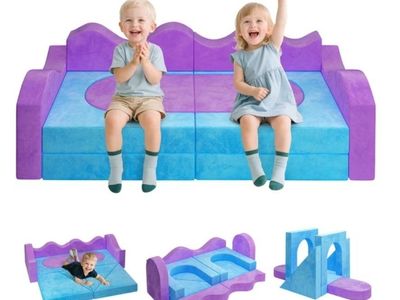 12-Piece Kids Modular Foam Play Sofa Couch Set - Purple & Blue Convertible Fort