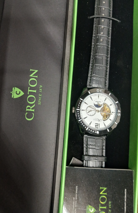 Croton Reliance Automatic Men's Watch White Dial Black Bezel Leather Band Open Heart-#3-Section A