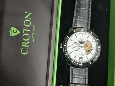 Croton Reliance Automatic Men's Watch White Dial Black Bezel Leather Band Open Heart-#3-Section A