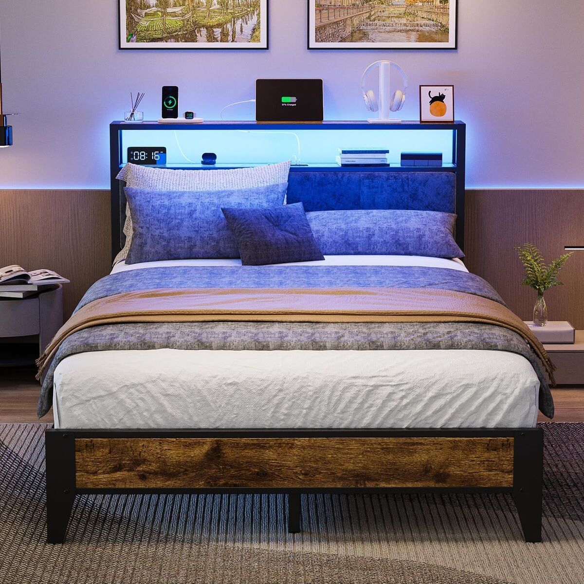 Full Bed Frame with LED Lights & Charging Station – SPECIAL DEAL