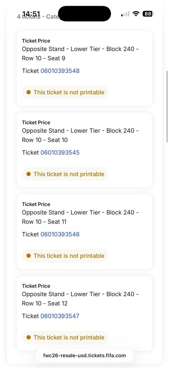 4 tickets Fifa 2026 round of 32