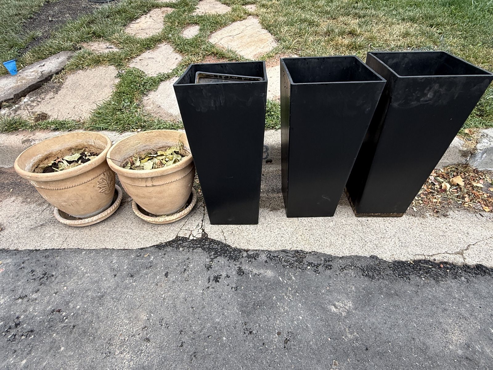 Free Used Black Square Planters (3) & Tan Round Clay Pots (2) with Saucers - Outdoor Garden Set
