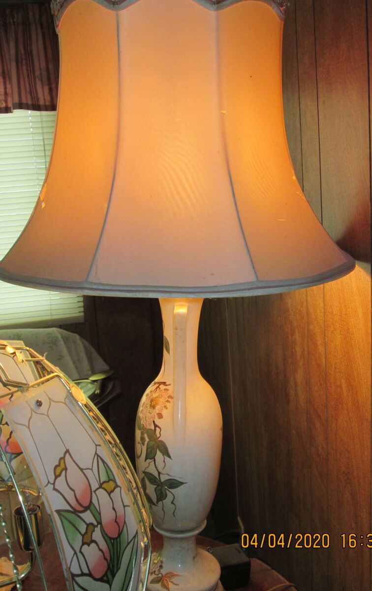 Antique White hand painted lamp w/silk shade-REDUCED Or Best Offer