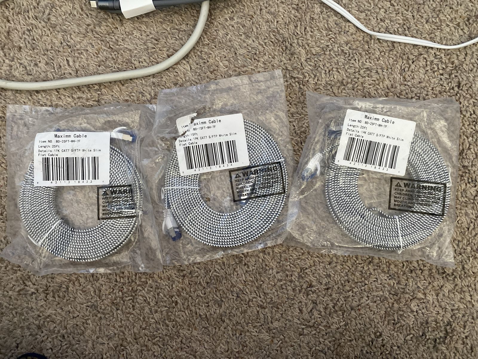 Maximm CAT7 S/FTP Slim Flat Ethernet Cable - White, 2x 25ft & 1x 15ft Pack, New