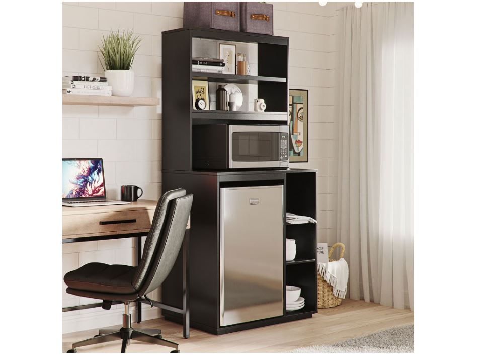NEW! The Organization Station w/Mini Refrigerator & Microwave Storage Space – Black