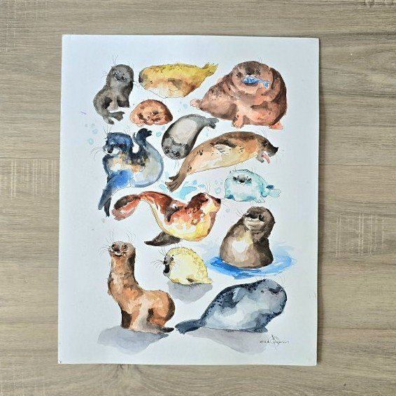 Original Watercolor Seal Painting 