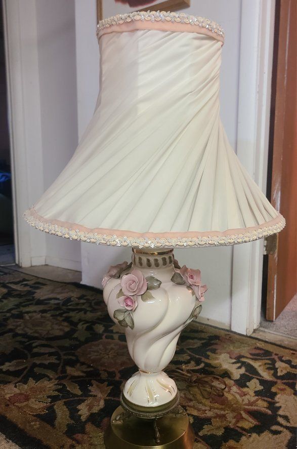 Vintage Ceramic Floral Table Lamp with Pleated Shade - ~32 inches