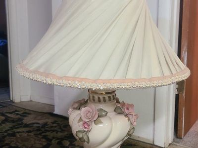 Vintage Ceramic Floral Table Lamp with Pleated Shade - ~32 inches