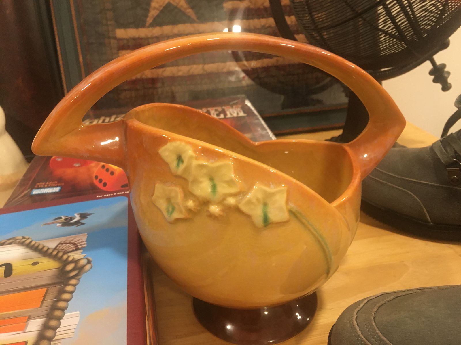 Vintage Ceramic Planter/Vase - Orange with Green Leaf Accents Antique Roseville Art Pottery Basket Orange
