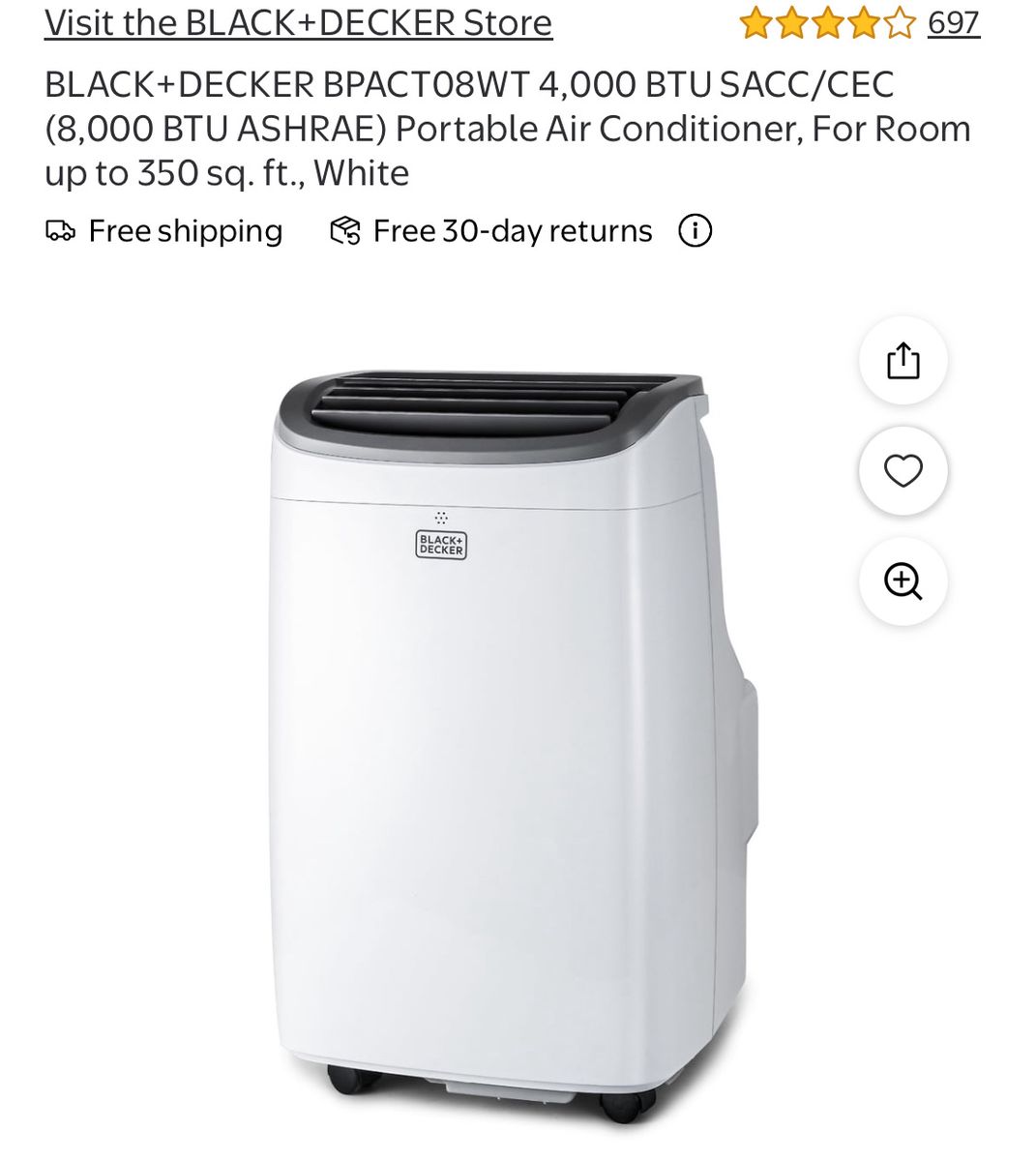 BLACK+DECKER BPACT08WT 4,000 BTU SACC/CEC (8,000 BTU ASHRAE) Portable Air Conditioner, For Room up to 350 sq. ft., White