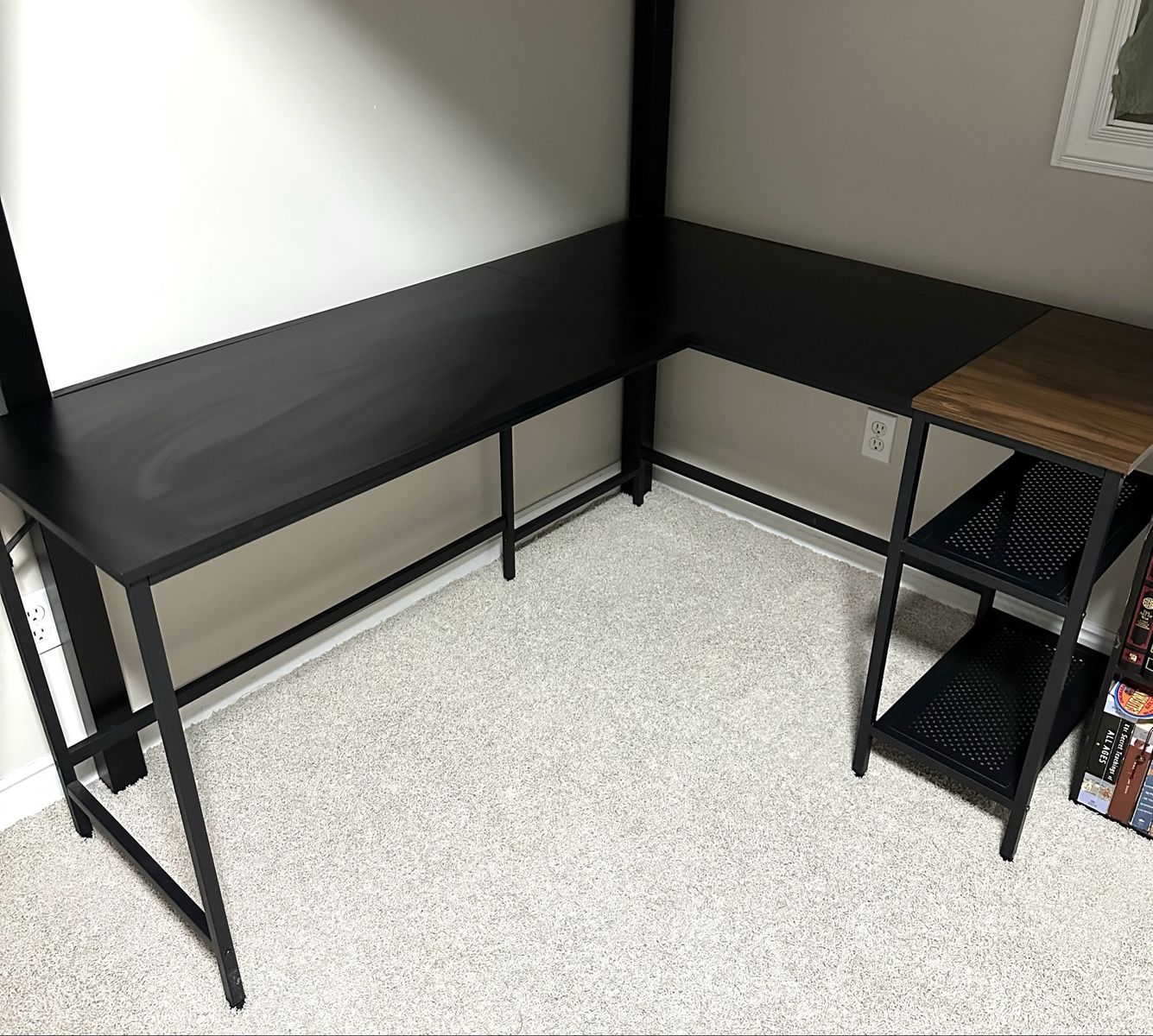 L-Shaped Black Desk with Shelving – Great Condition