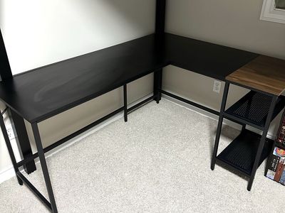 L-Shaped Black Desk with Shelving – Great Condition