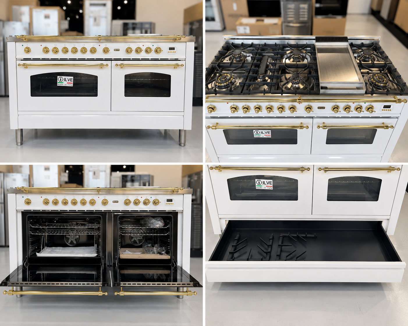 NEW ILVE 60" Dual Fuel Range – White/Brass – Clearance