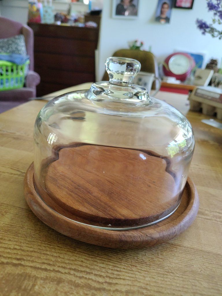 Glass Dome with Wooden Base - Cake Stand / Cheese Board Cloche 7in. diameter