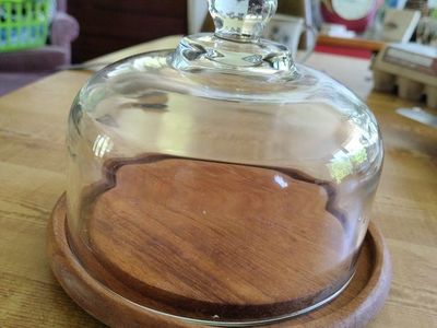 Glass Dome with Wooden Base - Cake Stand / Cheese Board Cloche 7in. diameter