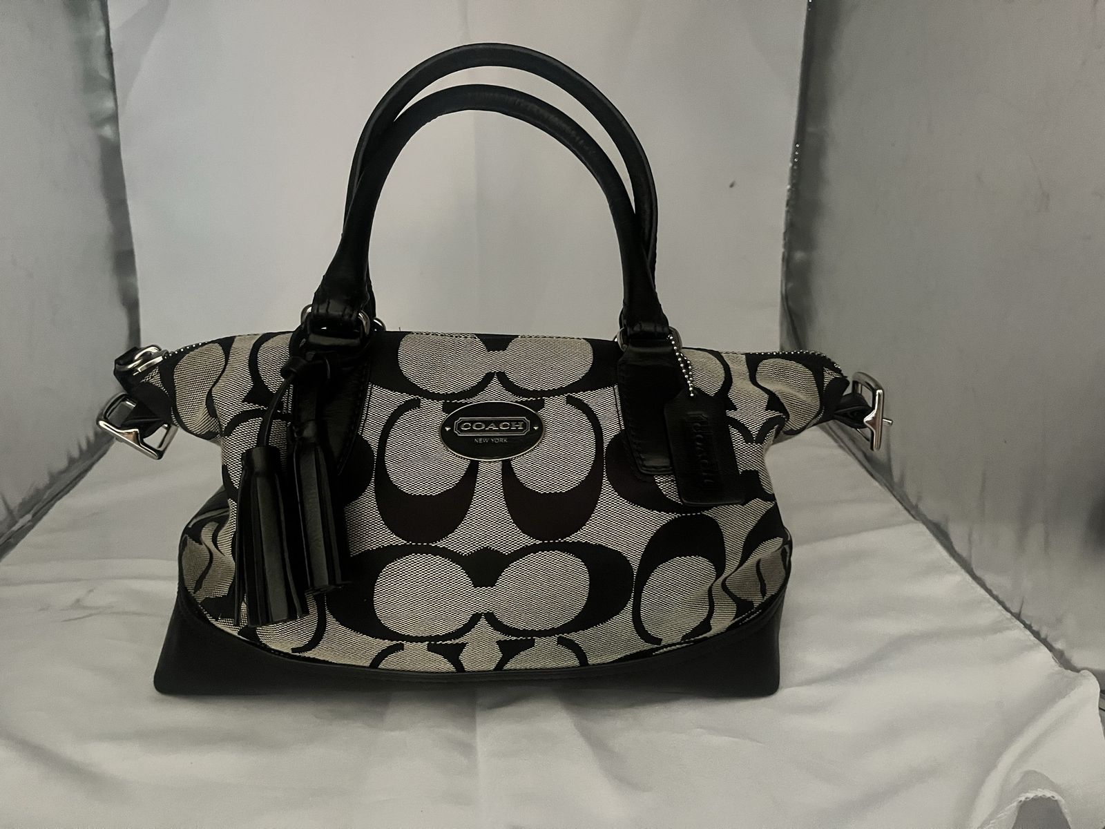Coach Signature C Jacquard Black & Gray Handbag Purse with Leather Trim and Tassel
