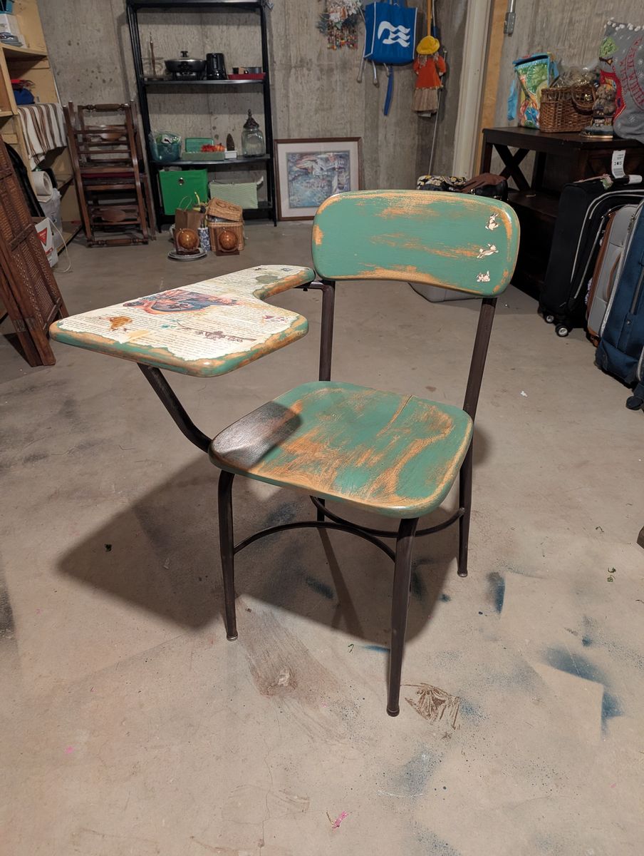 Vintage School Desk Chair - Green Distressed Metal Frame and Wood Seat/Back