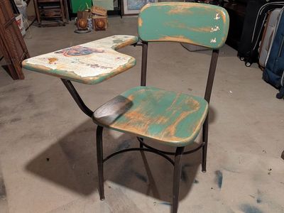 Vintage School Desk Chair - Green Distressed Metal Frame and Wood Seat/Back