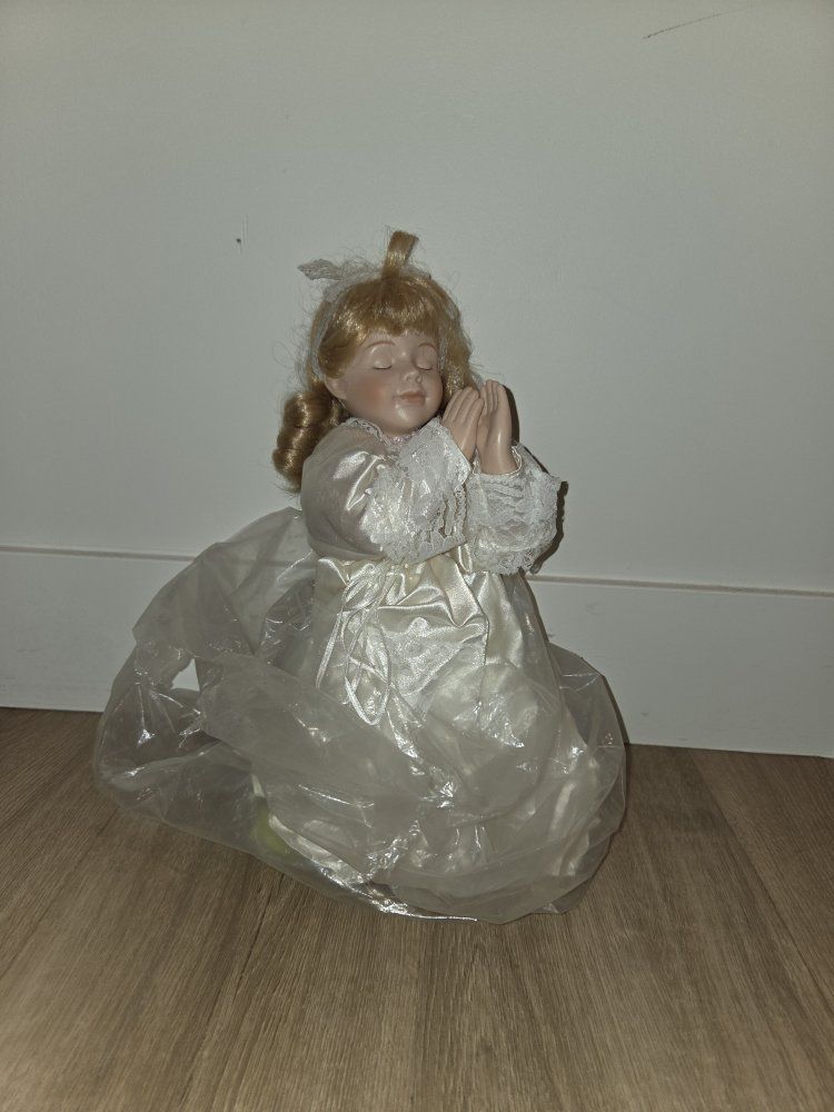 Porcelain Praying Doll in White Dress