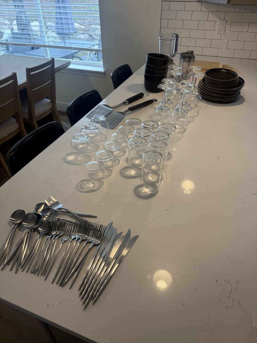 Misc. kitchen items - Plates, Glasses, Flatware, and Serving Utensils - Excellent Condition