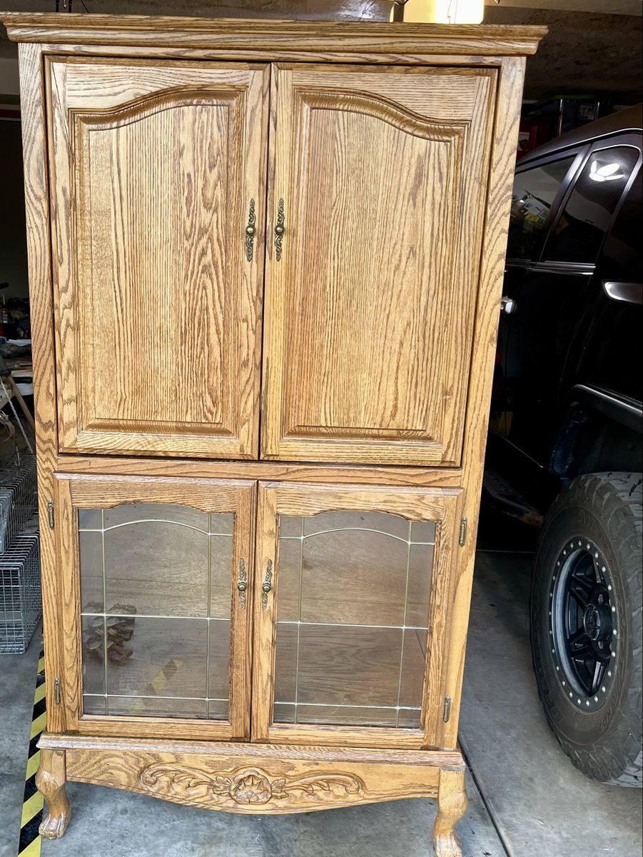 Vintage Solid Wood Display Cabinet / TV hutch, with sliding Glass Doors.