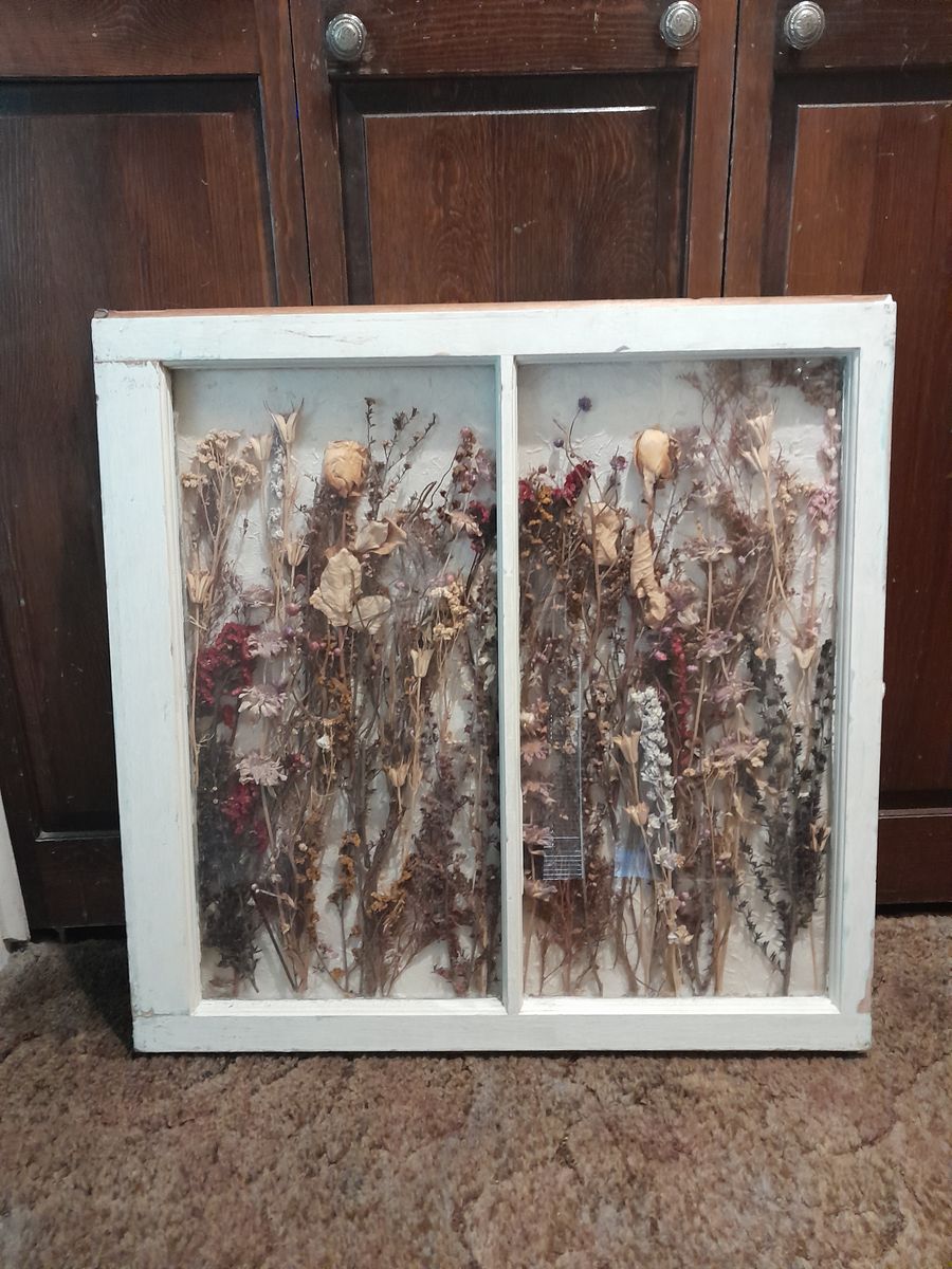 Handmade Dried Flower Art Display in Upcycled Window Frame - Unique Floral Wall Decor