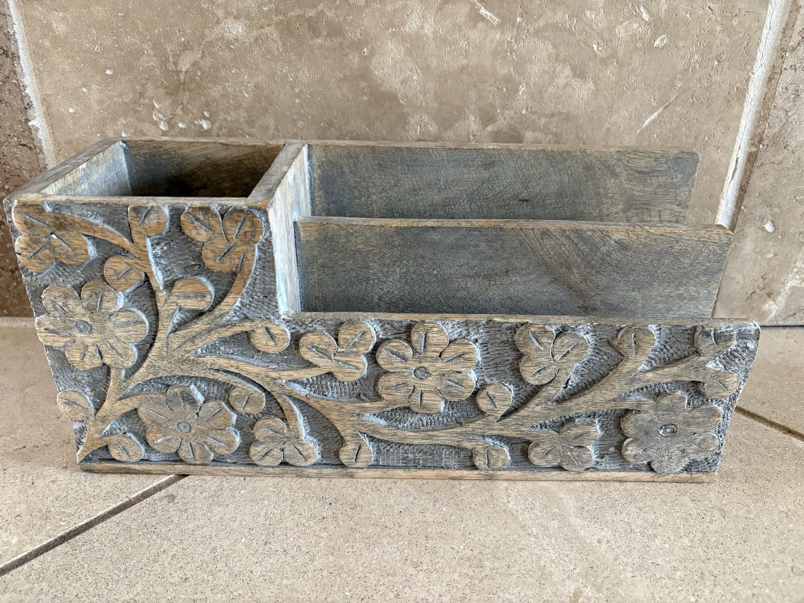 Carved Wood Mail and Desk Organizer W/ Flowers