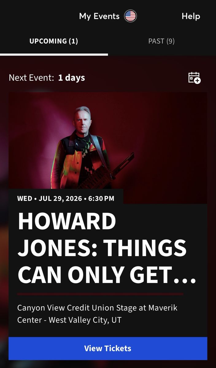 2 Howard Jones Concert Tickets - July 29, 2026 - Maverik Center - Section 123, Row 20