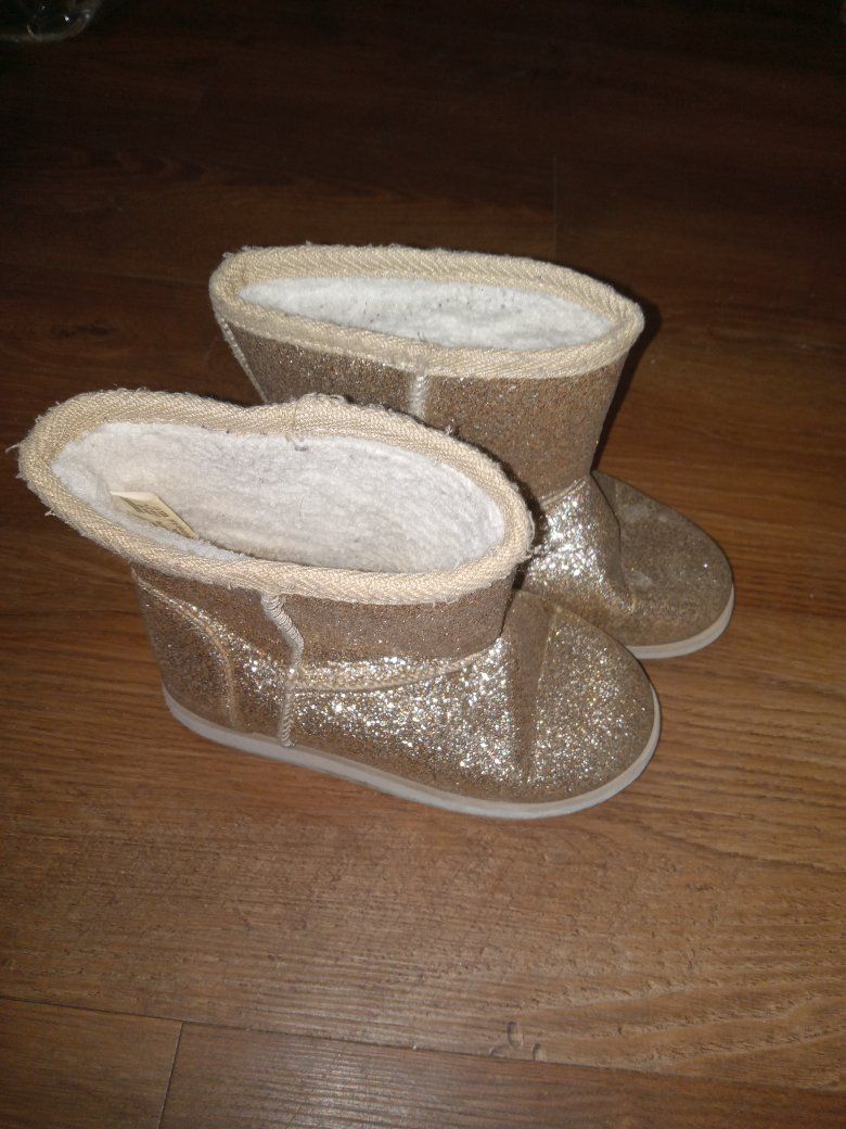 Girls Glitter Boots Kids Size 10 Gold Shearling Lined Winter Boots