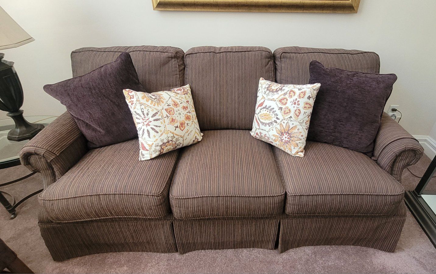 Set: Pair of Burgundy Wingback Chairs with Plaid Accent Pillows, Flexsteel Couch, and upholstered chair, + Rug