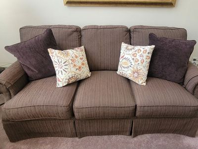 Set: Pair of Burgundy Wingback Chairs with Plaid Accent Pillows, Flexsteel Couch, and upholstered chair, + Rug