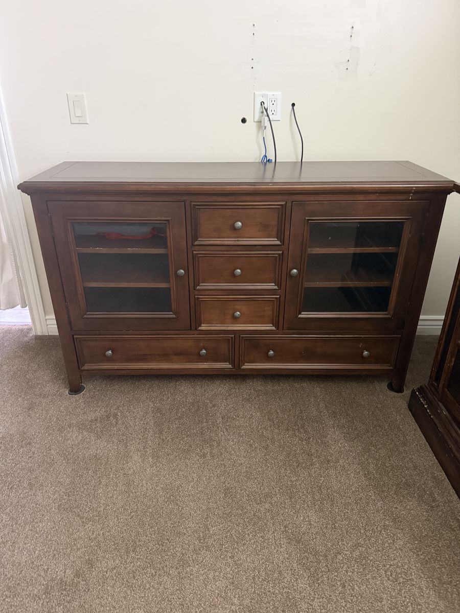 Large Wooden TV Stand Media Console with Glass Doors and Drawers