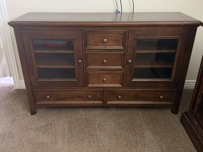 Large Wooden TV Stand Media Console with Glass Doors and Drawers
