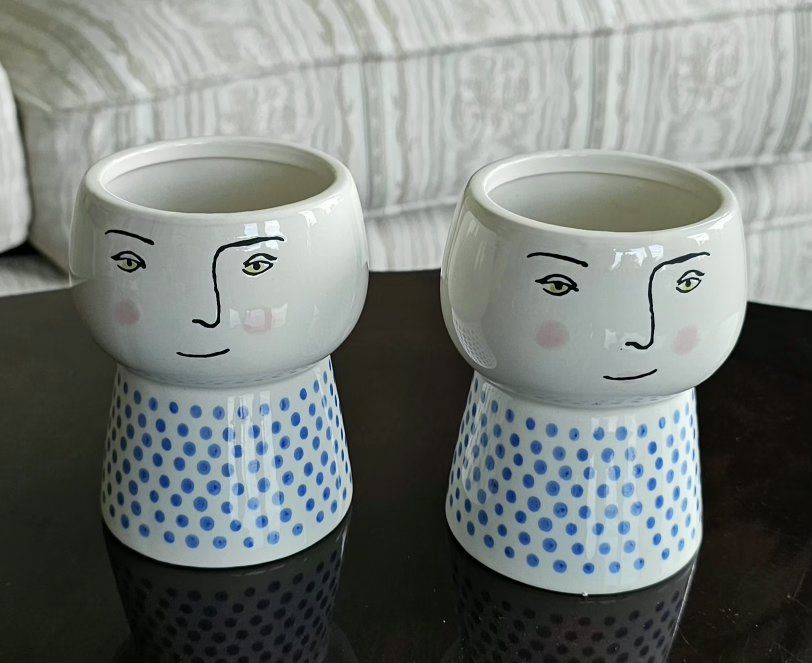 Pair of Ceramic Face Planters / Decorative Vases with Blue Polka Dot Base 5"×3.5"