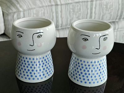 Pair of Ceramic Face Planters / Decorative Vases with Blue Polka Dot Base 5"×3.5"