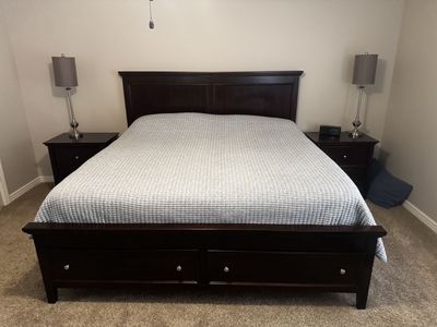 King Size Bed set, 2 night stands, 2 dressers, and mirror