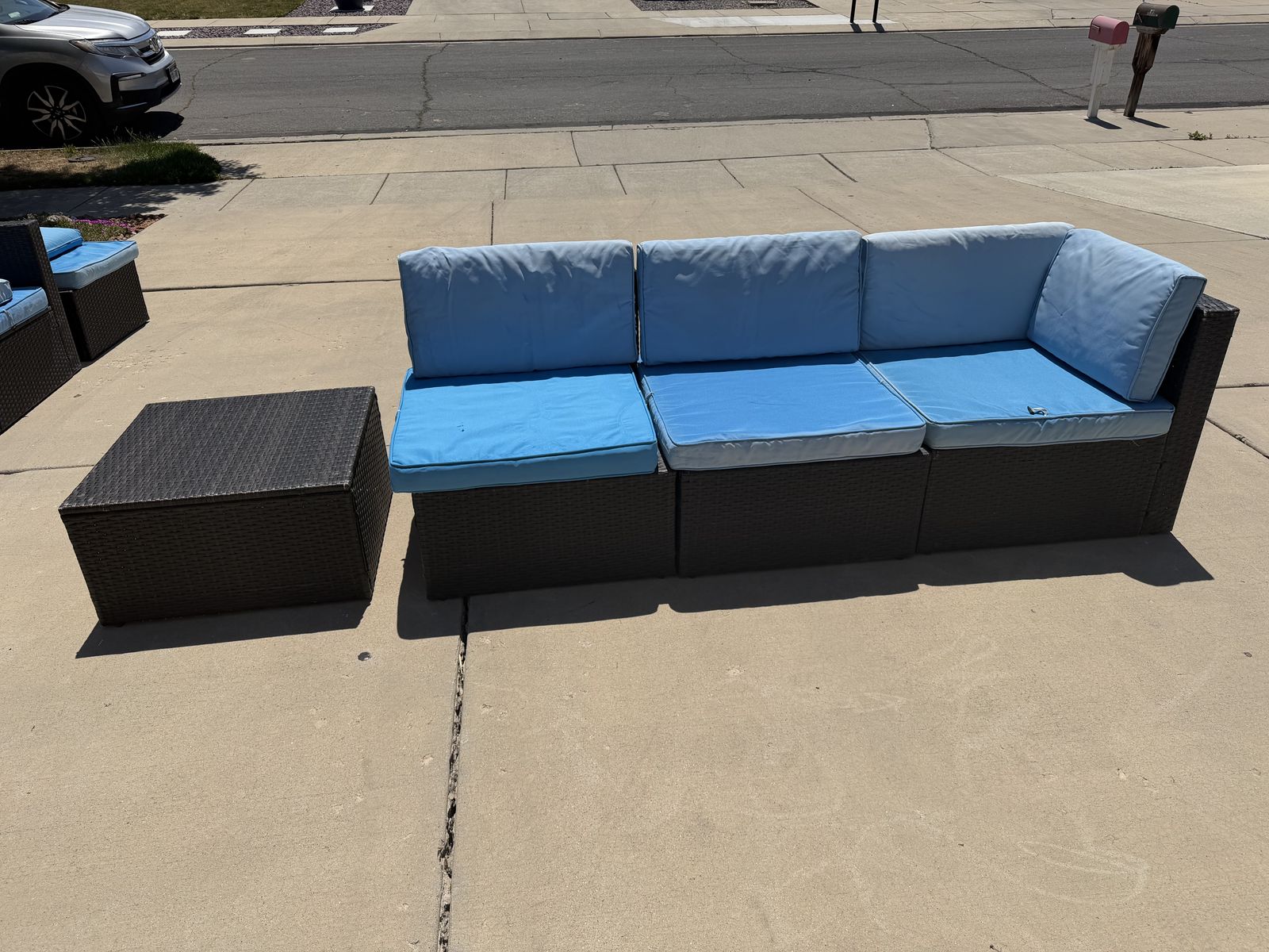 Modern Outdoor Patio Sectional Set – Wicker Sofa + Table + Blue Cushions