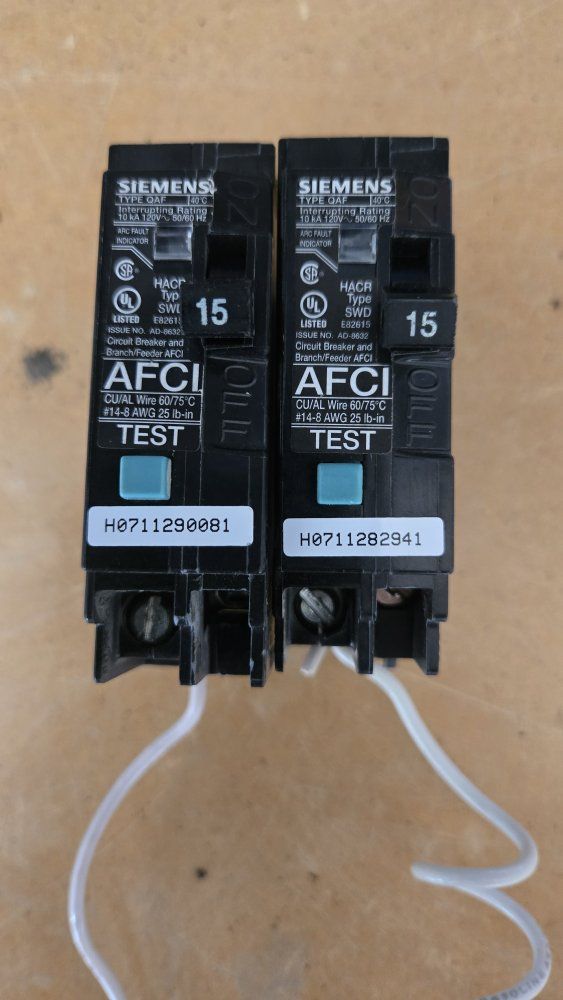 Siemens Type QAF 15 Amp 1-Pole AFCI Circuit Breakers (2-Pack) HACR Rated