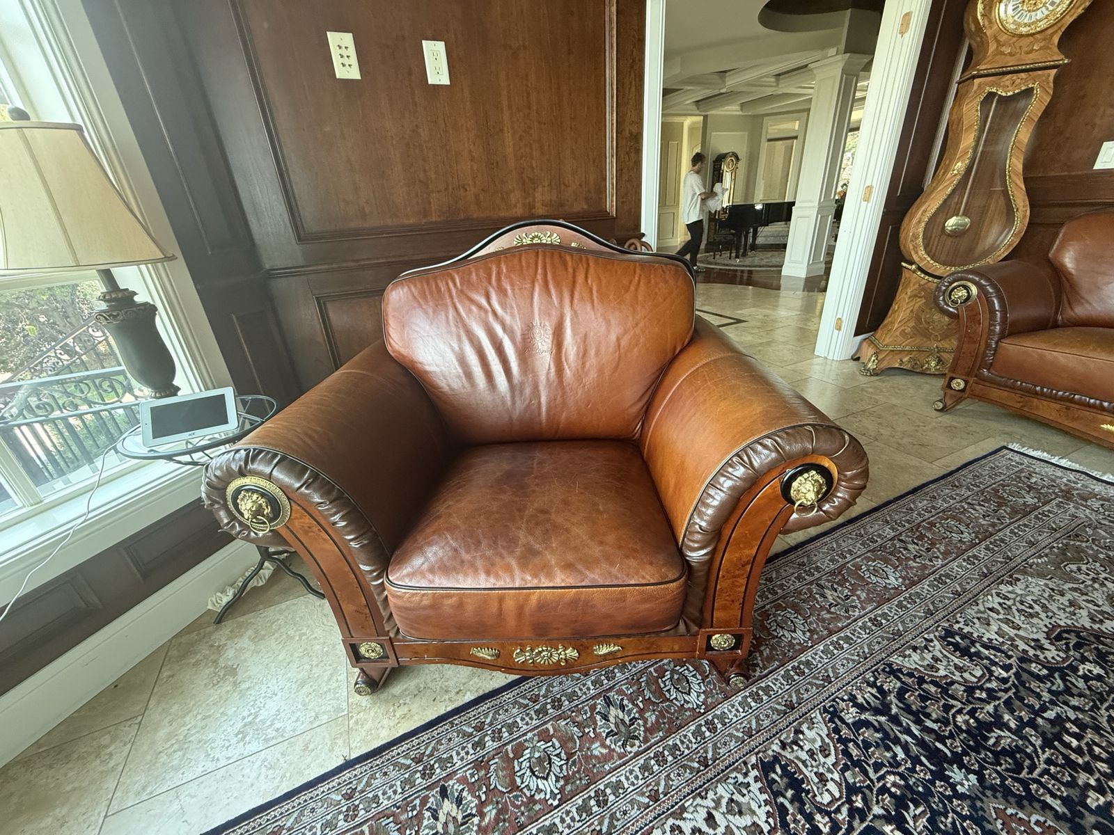 Louis Dynasty Ornate Italian Empire Style Leather Armchair and Loveseat Set