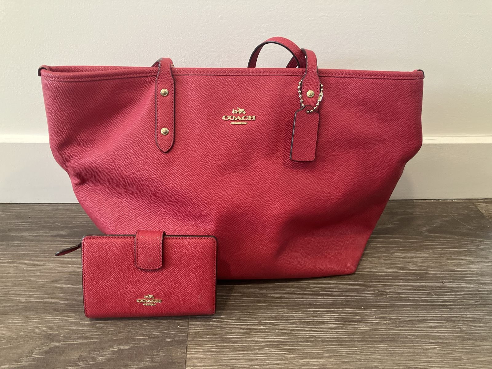 Coach Leather Mini Lillie Carryall Bag and Small Wallet Set - Red/Pink