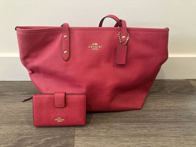 Coach Leather Mini Lillie Carryall Bag and Small Wallet Set - Red/Pink
