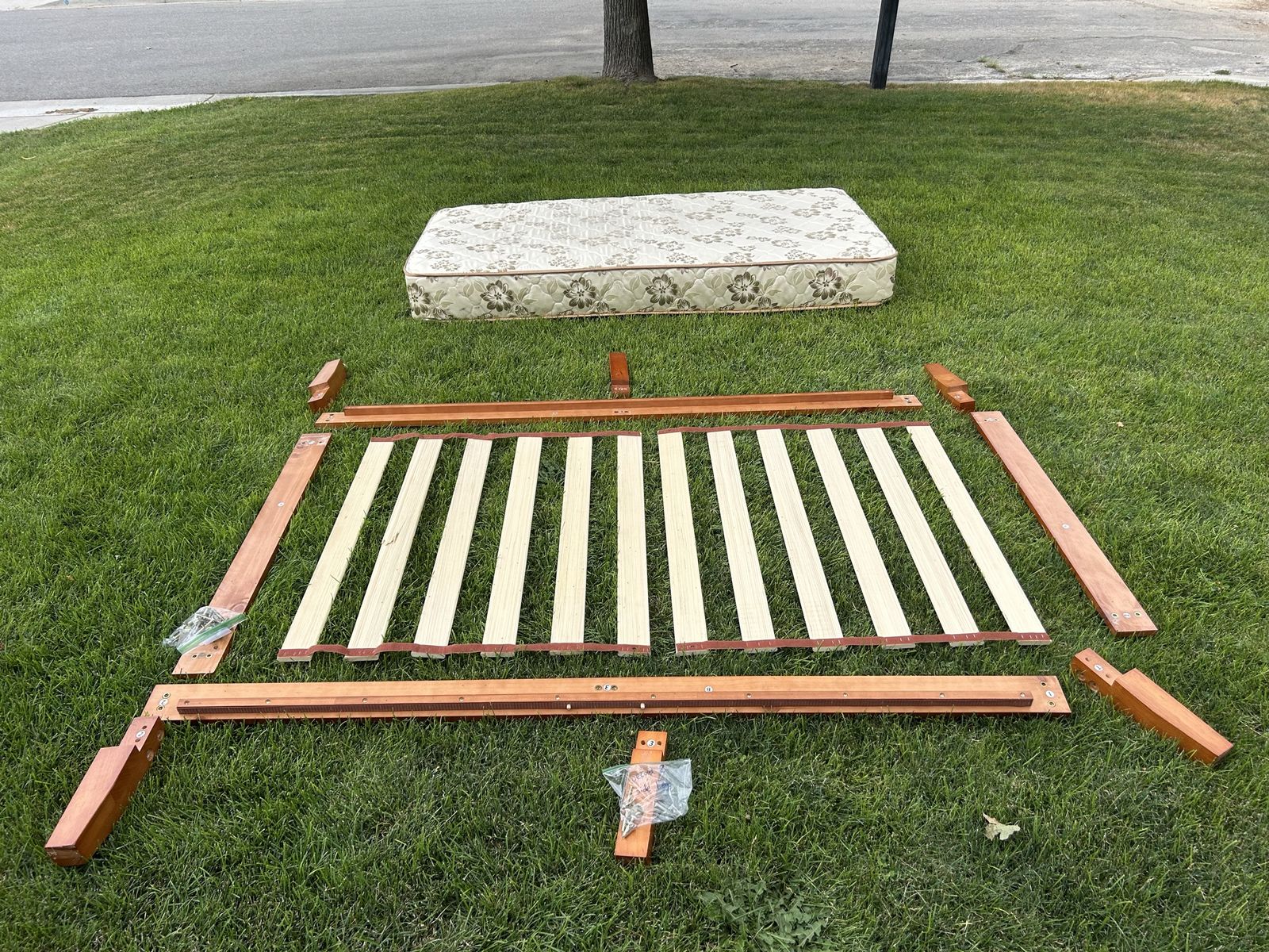 Wooden Bed Frame & Twin Mattress - Floral Pattern