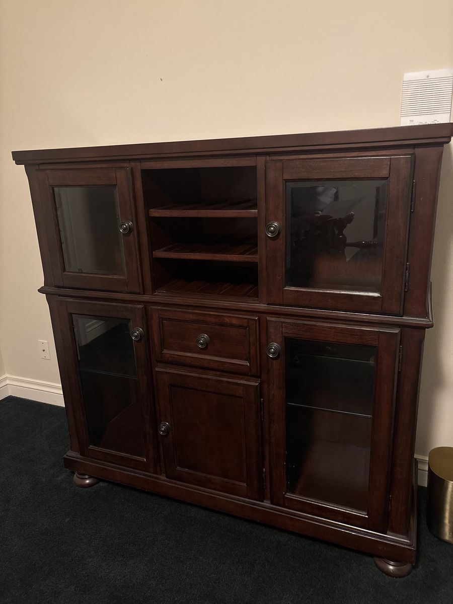 Elegant Dark Wood Display Cabinet/Buffet - Glass Doors, Wine Rack, Drawer - Great Condition