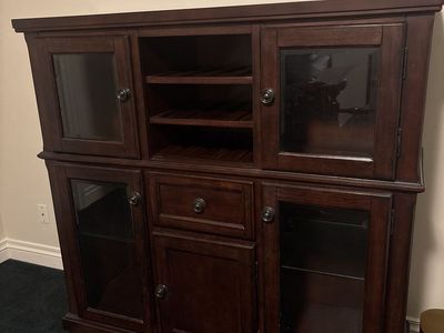 Elegant Dark Wood Display Cabinet/Buffet - Glass Doors, Wine Rack, Drawer - Great Condition