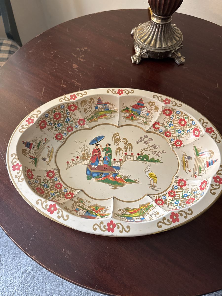 Vintage Daher Decorated Ware Tin Serving Tray Asian Chinoiserie Floral Oval Bowl England