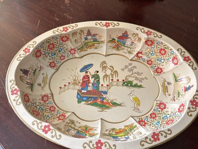 Vintage Daher Decorated Ware Tin Serving Tray Asian Chinoiserie Floral Oval Bowl England