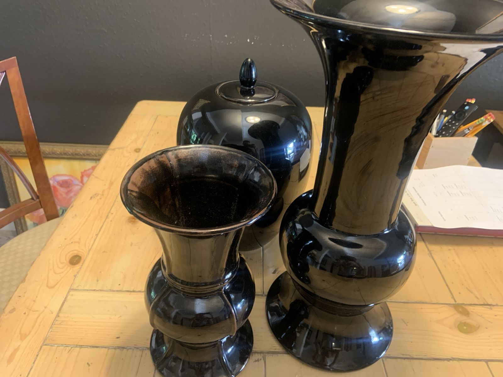 Set of 3 Black Glass Vases & Urn Home Decor