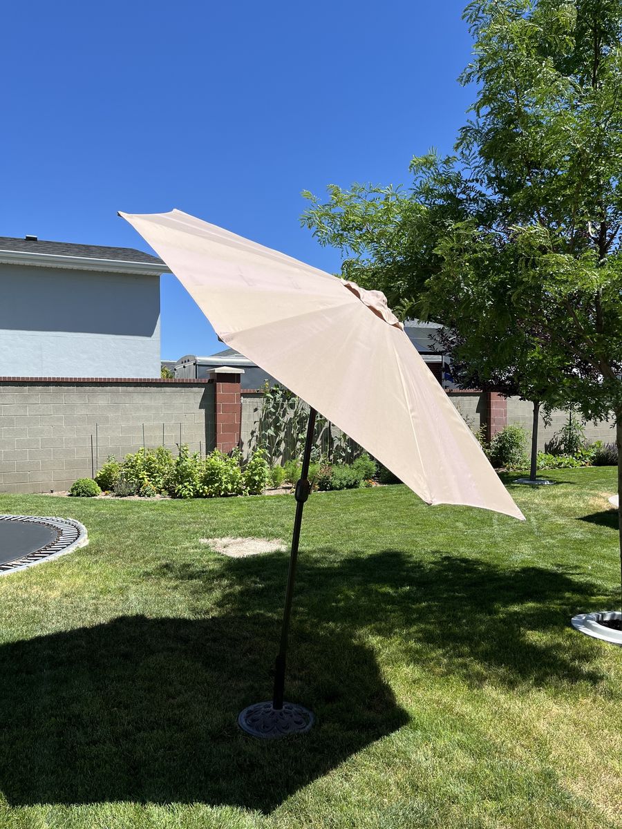 Outdoor Patio Umbrella Beige with Ornate Base Stand 8 feet