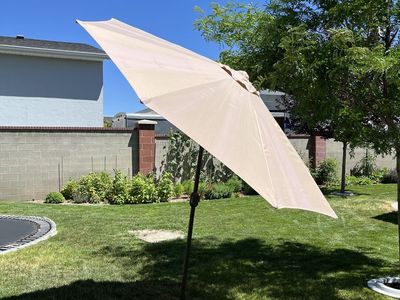 Outdoor Patio Umbrella Beige with Ornate Base Stand 8 feet